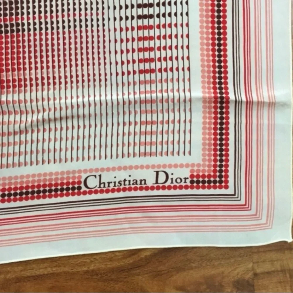 Vintage Christian Dior Red Brown Geometric Polka Dot Silk Square Scarf Luxury